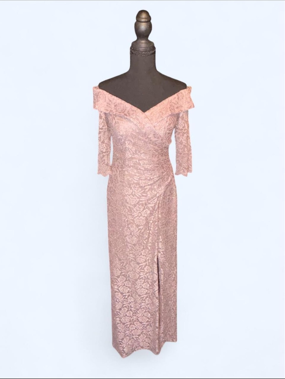 Oleg Cassini Off Shoulder Lace Evening Gown in Dusty Rose